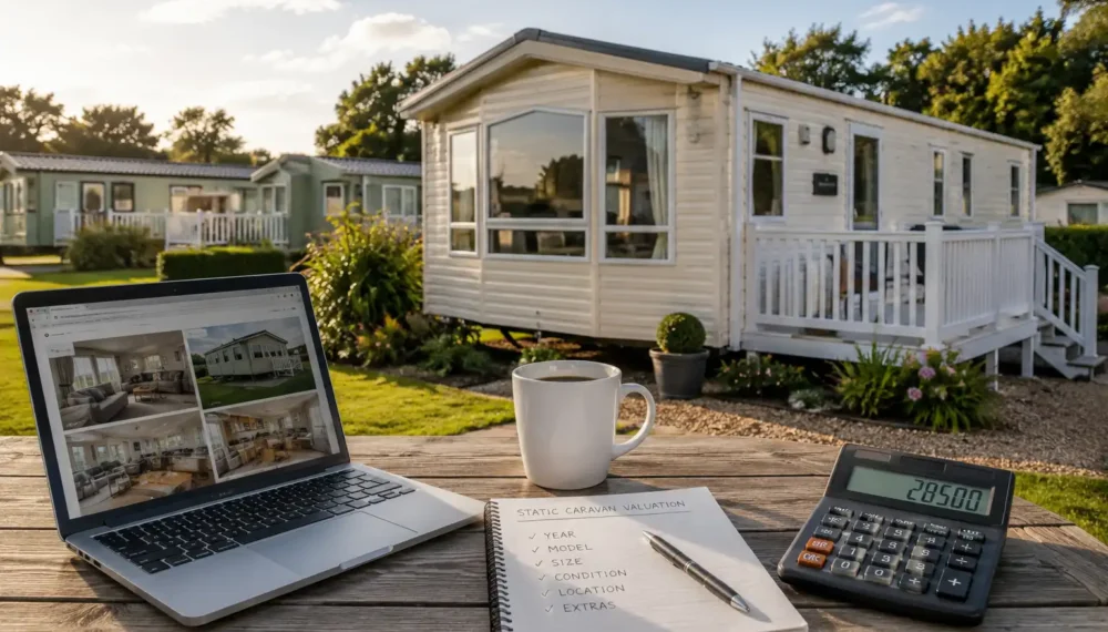 Static caravan valuation with laptop, calculator and checklist showing factors affecting caravan value