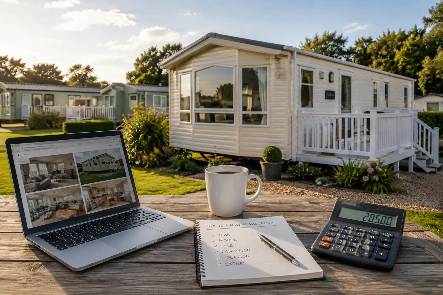 Static caravan valuation with laptop, calculator and checklist showing factors affecting caravan value